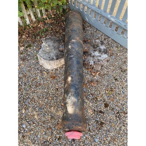 196 - Large antique ship's cannon barrel, GR with carriage wheels and other carriage items. Also included ... 