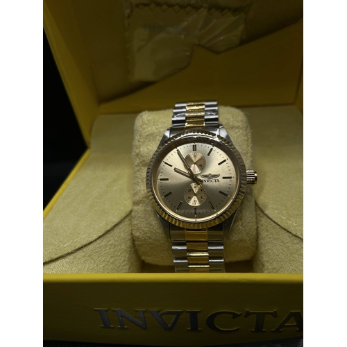 328 - x3  Invicta watches -  “29425” wristwatch, gold coloured and stainless steel, 45mm case, two subsidi... 