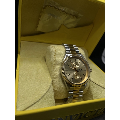 328 - x3  Invicta watches -  “29425” wristwatch, gold coloured and stainless steel, 45mm case, two subsidi... 