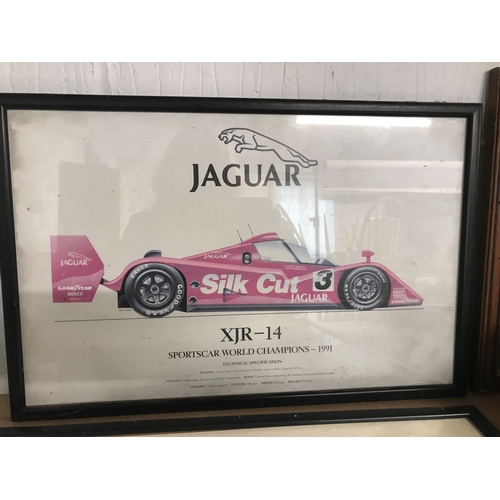 199 - Jaguar / Motor Racing items; to include iconic leaping Jaguar chrome emblem mascot mounted on wooden... 