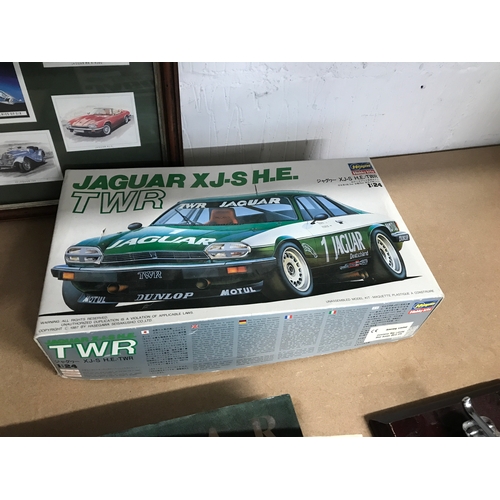 199 - Jaguar / Motor Racing items; to include iconic leaping Jaguar chrome emblem mascot mounted on wooden... 