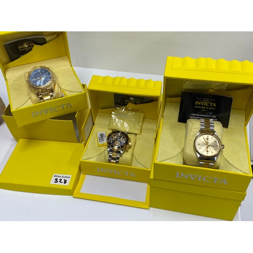 328 - x3  Invicta watches -  “29425” wristwatch, gold coloured and stainless steel, 45mm case, two subsidi... 