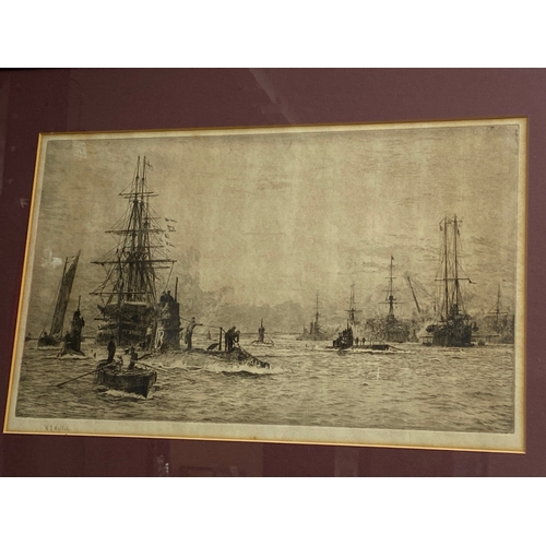 285 - x3 vintage Wyllie framed ink engravings depicting maritime and naval scenes