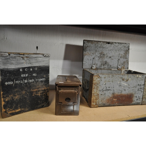 152 - Wooden ammunition box stamped RCAF together with one other wooden ammunition box and a 1971 metal am... 