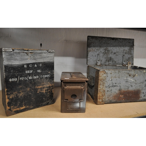 152 - Wooden ammunition box stamped RCAF together with one other wooden ammunition box and a 1971 metal am... 