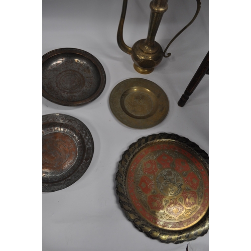 32 - Brass top folding table and other middle Eastern utilitarian metal ware items