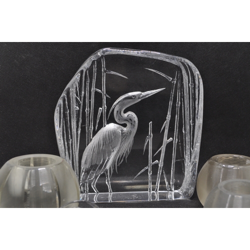 38 - Mats Jonasson glass paperweights, largest one with crane, smaller with duckling and owl designs,  to... 