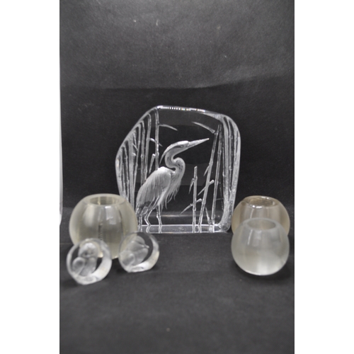 38 - Mats Jonasson glass paperweights, largest one with crane, smaller with duckling and owl designs,  to... 