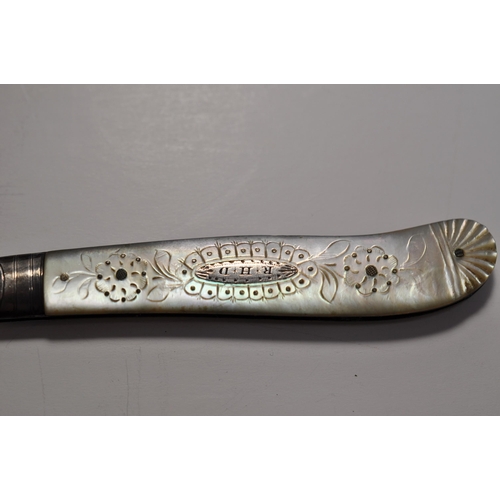 104 - Victorian Fruit knife with mother of pearl handle with floral design  with letters RHD inscription, ... 