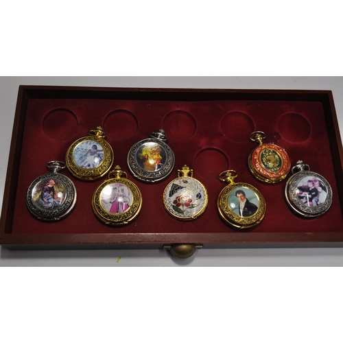 105 - A large quantity of novelty pocket watches (x34) presented in a three drawer display unit measuring ... 