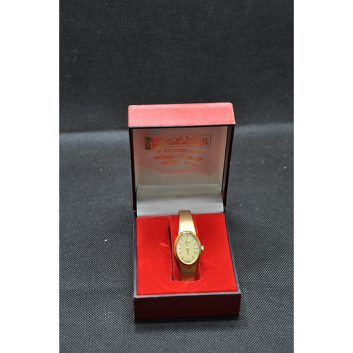 112 - 14ct yellow gold ladies Roamer wristwatch in original presentation box stamped 14K to back case ad s... 