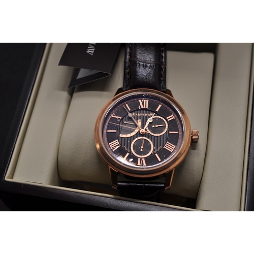 116 - Cornwall sweep second retrograde  in rose gold colour with brown strap with three subsidiary dials, ... 