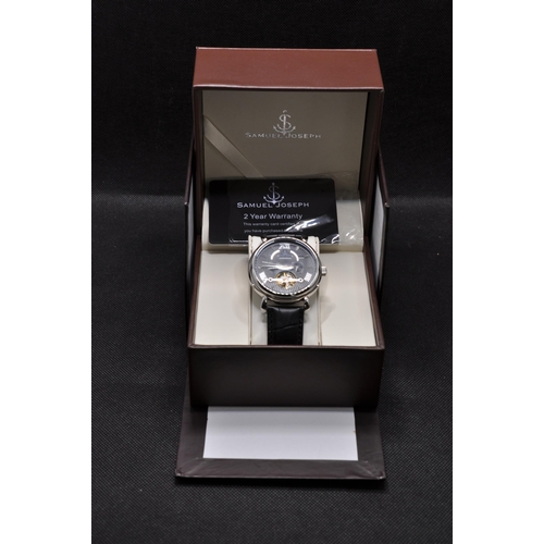 118 - Samuel Joseph limited edition steel and black automatic wristwatch, as new in box