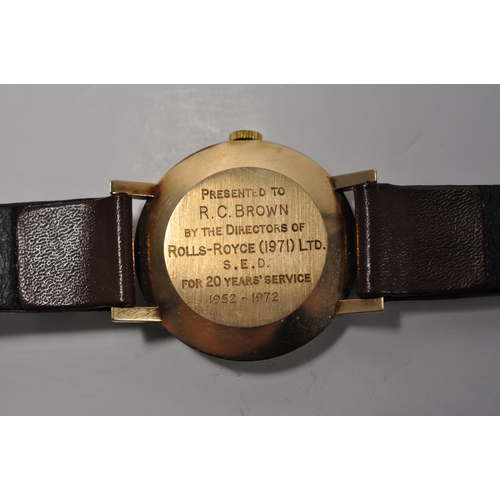 119 - 9ct gold cased Garrard wristwatch, hallmarked London to inside of case with engraving to reverse pre... 