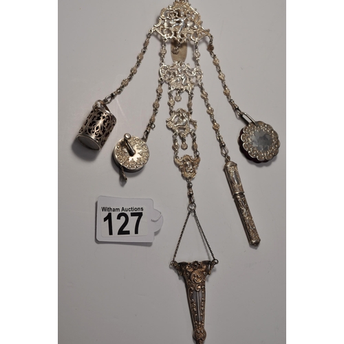 127 - Decorative Silver Chatelaine in an art nouveau style, with silver hallmarks predominately by maker J... 