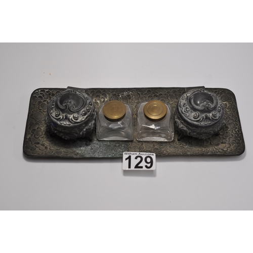 129 - Pair of antique pewter art nouveau trinkets with white metal rectangular tray and glass desktop inkw... 