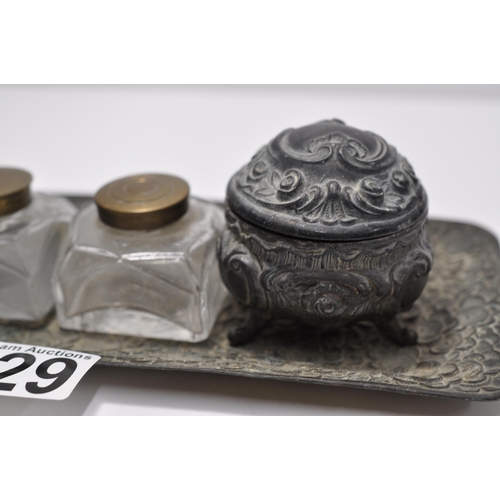 129 - Pair of antique pewter art nouveau trinkets with white metal rectangular tray and glass desktop inkw... 