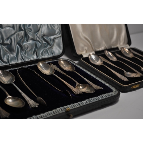 132 - Antique boxed teaspoons hallmarked London 1891 by Robert Stebbings with sugar tong of same design (d... 