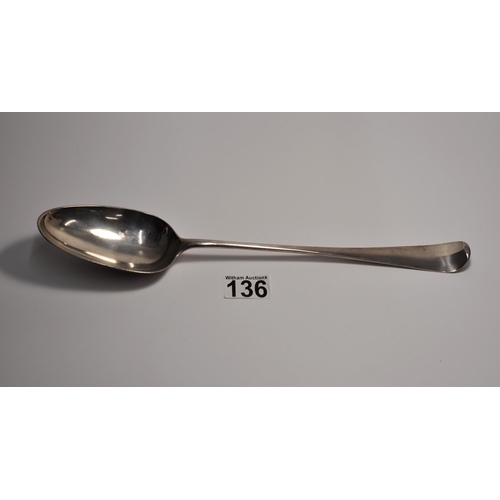 136 - Antique George II silver basting spoon, E.C.T.H, hallmarked London 1759 by makers Ebenezer Coker & T... 