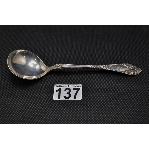 137 - Norwegian silver ladle/sauce spoon, marked 830s NM, with rose decoration and monogram to handle, app... 