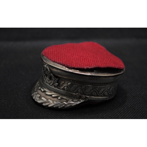 141 - Edwardian pin cushion in the form of a naval cap hallmarked Birmingham stamped REGD 56 25 90 c.1910-... 