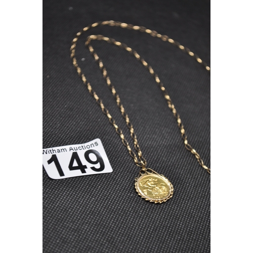 149 - 22ct gold half sovereign coin (1982) in mount, together with 9ct yellow gold belcher chain approx. l... 