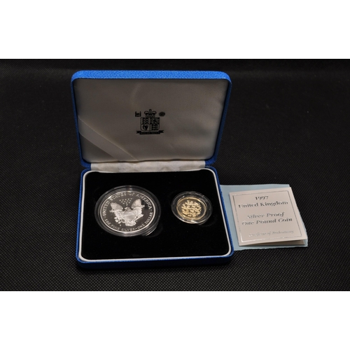 158 - Royal Mint 'Symbols of Freedom' - 1997 Silver proof One pound coin with 1997 1oz fine silver US One ... 