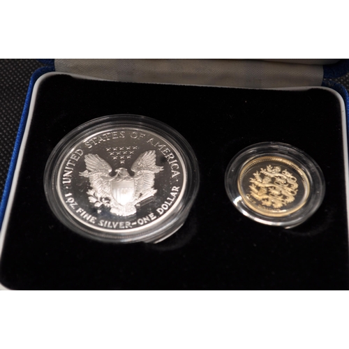 158 - Royal Mint 'Symbols of Freedom' - 1997 Silver proof One pound coin with 1997 1oz fine silver US One ... 