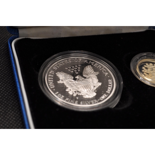 158 - Royal Mint 'Symbols of Freedom' - 1997 Silver proof One pound coin with 1997 1oz fine silver US One ... 