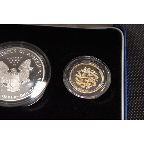 158 - Royal Mint 'Symbols of Freedom' - 1997 Silver proof One pound coin with 1997 1oz fine silver US One ... 