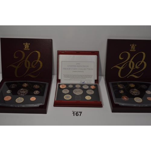 167 - x3 Royal Mint boxed sets; a 1997 UK proof coin collection with certificate which includes a £5 coin ... 