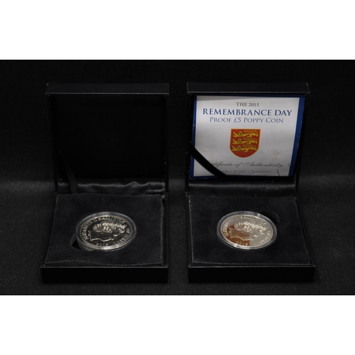 168 - x2  Bailiwick of Jersey Lest We Forget Remembrance Day £5 commemorative poppy coins, 2015