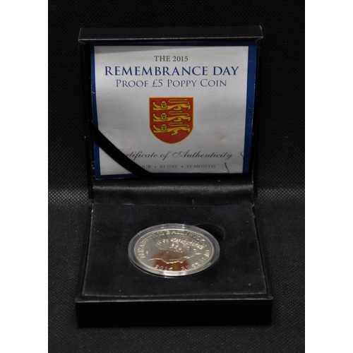 168 - x2  Bailiwick of Jersey Lest We Forget Remembrance Day £5 commemorative poppy coins, 2015