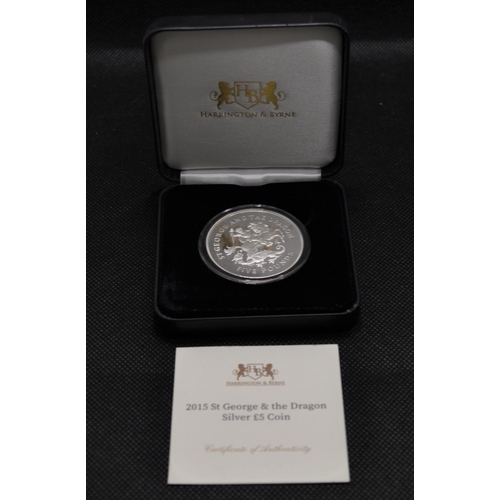 169 - Harrington & Bryne 2015 St George & the Dragon Sterling Silver £5 coin, boxed with Certificate  toge... 