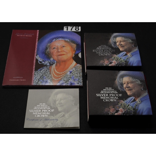 178 - x2 Royal Mint Her Majesty Queen Elizabeth The Queen Mother Silver Proof Memorial Crown with Certific... 