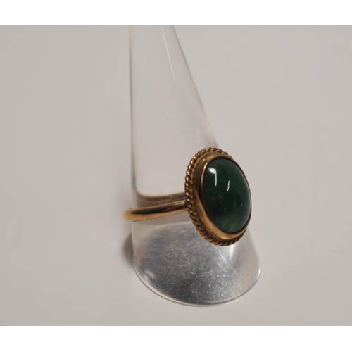 45 - A 9ct yellow gold ring with green cabochon stone in oval mount hallmarked London approx. ring size T... 