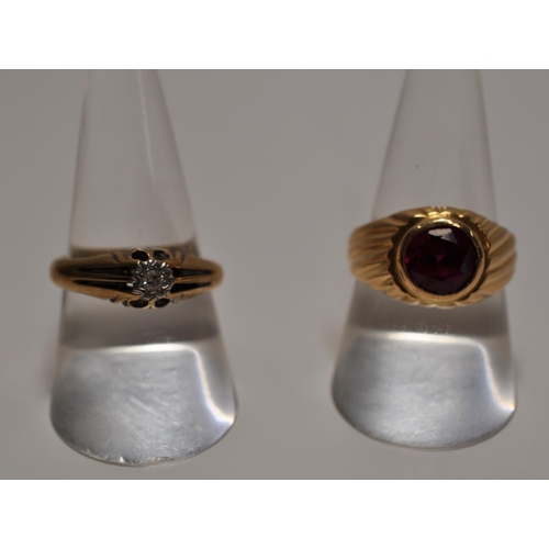 55 - Yellow gold ring with red stone, tested as 18ct approx. gross weight 6.6g size N1/2, together with a... 