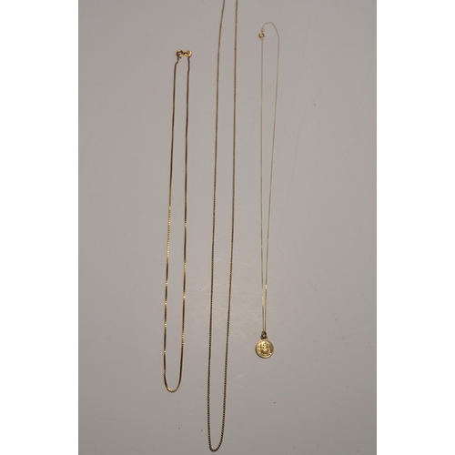 82 - 9ct yellow gold chains (x3) of mixed lengths, one necklace features a Saint Christopher pendant hall... 