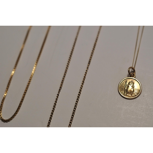 82 - 9ct yellow gold chains (x3) of mixed lengths, one necklace features a Saint Christopher pendant hall... 