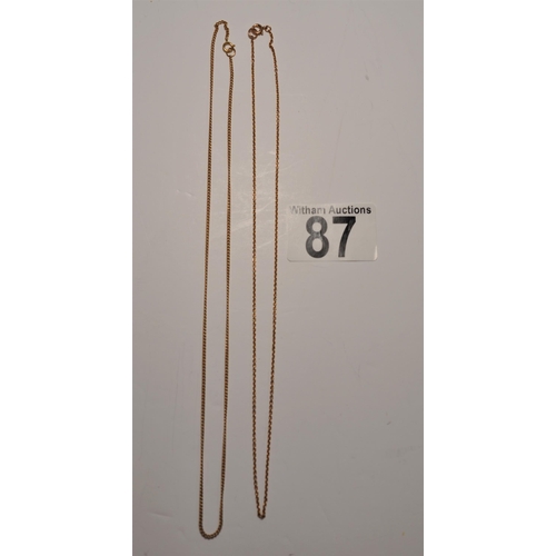 87 - 9ct yellow gold chains (x3) each measuring approximately 16