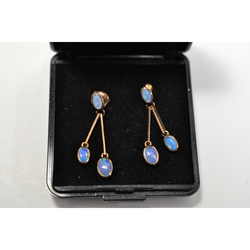 97 - Rose gold and opal double drop stud earrings, with butterflies stamped 375