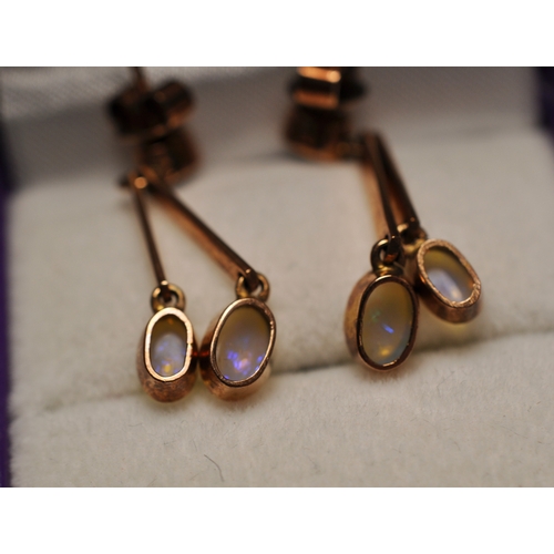 97 - Rose gold and opal double drop stud earrings, with butterflies stamped 375