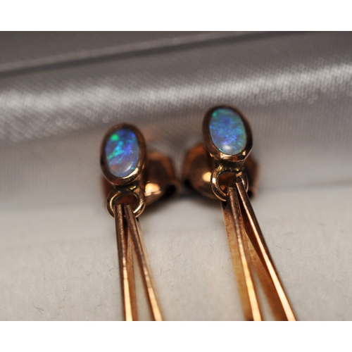 97 - Rose gold and opal double drop stud earrings, with butterflies stamped 375