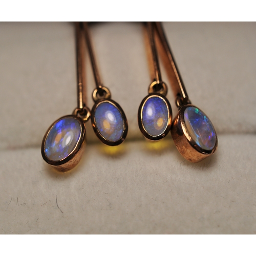 97 - Rose gold and opal double drop stud earrings, with butterflies stamped 375