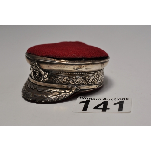 141 - Edwardian pin cushion in the form of a naval cap hallmarked Birmingham stamped REGD 56 25 90 c.1910-...
