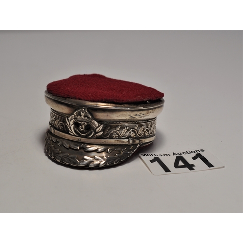 141 - Edwardian pin cushion in the form of a naval cap hallmarked Birmingham stamped REGD 56 25 90 c.1910-... 