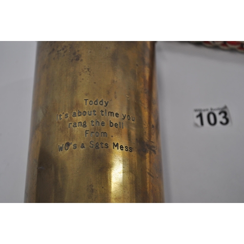 103 - Bespoke dinner gong composed from 105mm  brass ammo/shell casing with description that  reads 