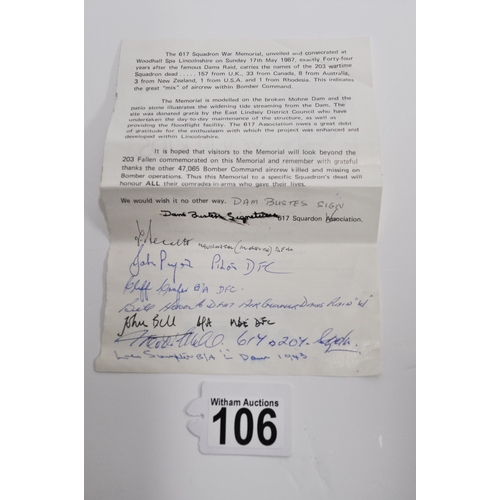 106 - Dam Busters 617 squadron signatures obtained from Duxford  staff member - Tom Bennett Navigator Mosq... 