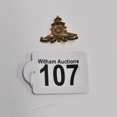 107 - 9ct gold Royal Artillery pin badge, approx. gross weight 3.5g