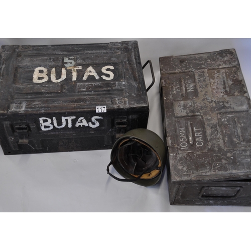 117 - Two ammunition boxes one with Butas hand painted to the top and the other with general markings, tog... 